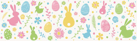 Easter banner with eggs, bunnies and flowers. Vector