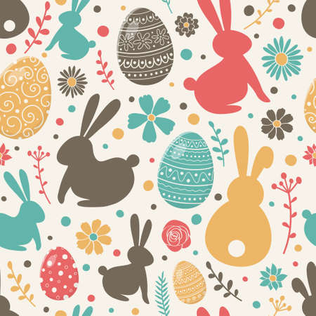 Easter pattern with decorative eggs, bunnies and flowers. Wallpaper or wrapping paper concept....