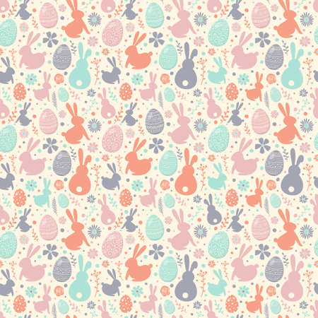 Easter background with decorative eggs, bunnies and flowers. Seamless texture. Vectorのイラスト素材