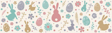 Easter decoration with eggs, bunnies and flowers. Spring banner. Vector