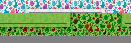 Easter pattern with decorative eggs, bunnies and flowers. Banner with copyspace. Vector