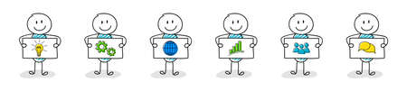 Funny stickman with white board and business icons - set. Vectorのイラスト素材