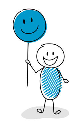Hand drawn stickman holding smiley emoticon. Vectorのイラスト素材