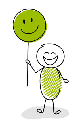Hand drawn stickman holding funny balloons with happy emoticons. Vectorのイラスト素材