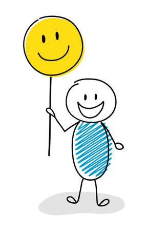 Hand drawn stickman holding funny balloons with smiley emoticons. Vectorのイラスト素材
