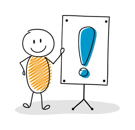 Business cartoon person with whiteboard and exclamation point icon. Vectorのイラスト素材