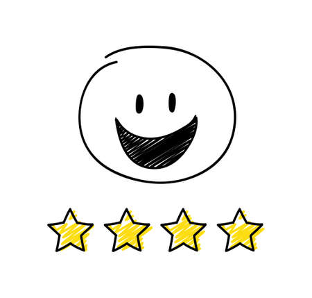 Review - four star rating. Happy white coloured stickman. Vector.のイラスト素材