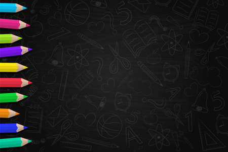 School background with scribbles and coloured pencils. Vector.のイラスト素材