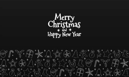 Merry Christmas and Happy New Year - card with wishes hand drawn ornaments. Vector.のイラスト素材