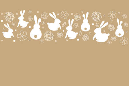 Template of Easter greeting card with bunnies and flowers. Vectorのイラスト素材