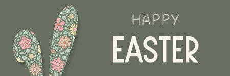 Easter bunny with floral texture and wishes. Banner. Vector