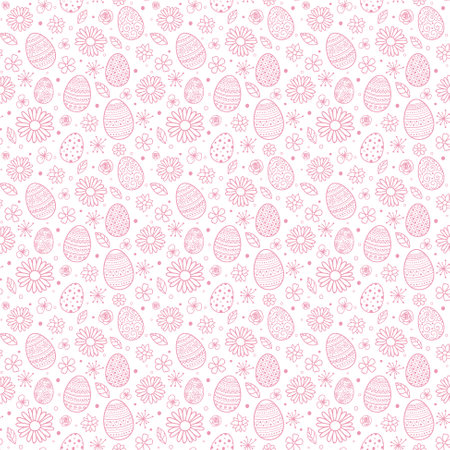 Seamless texture with hand drawn Easter eggs and flowers. Vectorのイラスト素材
