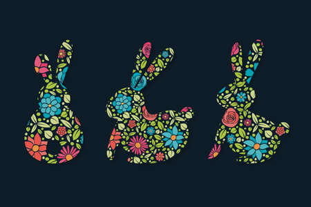 Easter bunnies with flowers. Colorful icon set. Vectorのイラスト素材