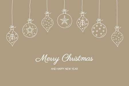Christmas card with hanging balls and hand drawn decorations. Vectorのイラスト素材