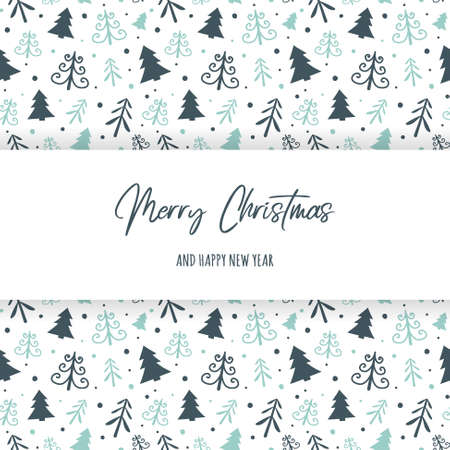 Christmas card with hand drawn trees and wishes. Xmas background. Vectorのイラスト素材