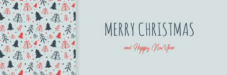 Merry Christmas and Happy New Year. Design of Christmas banner with cute trees. Vectorのイラスト素材