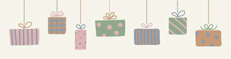Hanging hand drawn Christmas gift boxes. Banner. Vectorのイラスト素材