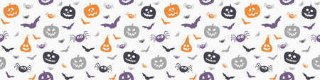 Funny Halloween banner with pumpkins, bats and spiders. Seamless pattern. Vectorのイラスト素材