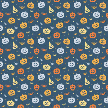 Creepy Halloween wallpaper with pumpkins and spiders. Seamless pattern. Vectorのイラスト素材