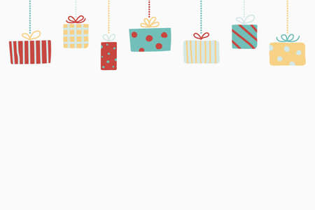 Background with hanging Christmas gift boxes. Xmas design. Vectorのイラスト素材