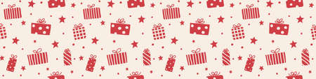 Christmas pattern with hand drawn gift boxes. Panoramic header. Vectorのイラスト素材