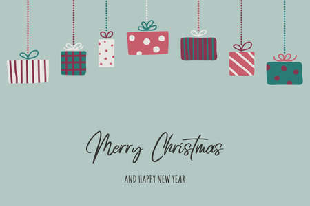 Greeting card with hanging Christmas present boxes and wishes. Vectorのイラスト素材