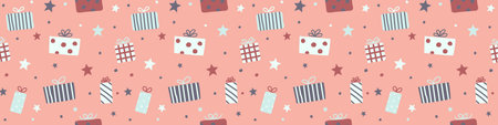 Concept of a seamless pattern with Christmas gift boxes. Xmas background. Banner. Vectorのイラスト素材