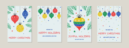 Hand drawn Christmas balls - greeting cards set. Vector illustrationのイラスト素材