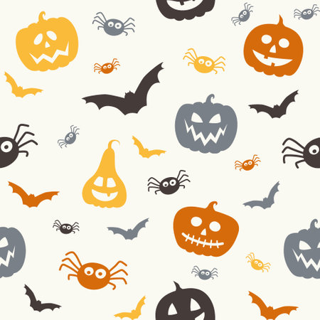 Funny Halloween texture with pumpkins, bats and spiders. Seamless pattern. Vectorのイラスト素材