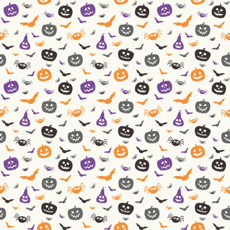 Creepy Halloween wallpaper with pumpkins, bats and spiders. Seamless pattern. Vectorのイラスト素材