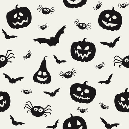Halloween pattern with creepy pumpkins, bats, and spiders. Seamless texture. Vectorのイラスト素材