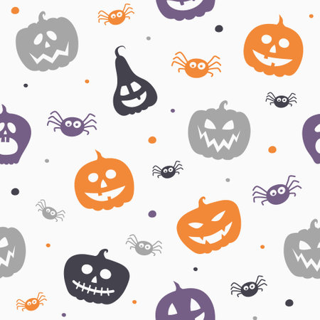Halloween pattern with funny pumpkin lanterns and spiders. Vectorのイラスト素材