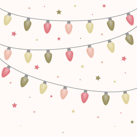 Cord of colourful Christmas lights. Background with ornaments. Vector illustrationのイラスト素材
