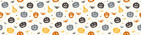 Creepy Halloween banner with pumpkins and spiders. Seamless pattern. Vectorのイラスト素材