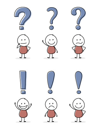 Funny stickman with question mark and exclamation mark symbol. Icon set. Vectorのイラスト素材