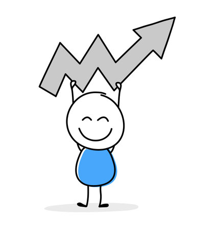 Cartoon stickman holding arrow icon. Funny hand drawn design for business presentation. Vector illustrationのイラスト素材