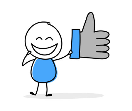 Funny cartoon stickman holding thumb up icon. Hand drawn design for a business presentation. Vector illustrationのイラスト素材