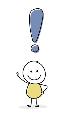 Smiley cartoon caricature with exclamation mark icon. Business concept. Vectorのイラスト素材