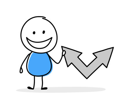 Hand drawn arrow symbol. Funny concept with a stickman holding icon. Cartoon style design. Vector illustrationのイラスト素材