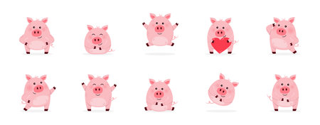 Collection of cute pig characters in different emotions. Isolated on a white background. Vector illustrationのイラスト素材
