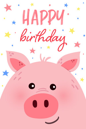 Birthday card with funny pig. Vector illustrationのイラスト素材