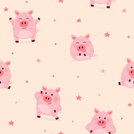 Seamless pattern with funny pigs. Design of a wrapping paper, wallpaper and textile. Decoration for children. Vector illustrationのイラスト素材