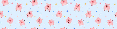 Cute little pigs on blue background. Seamless pattern. Panoramic header. Vector illustrationのイラスト素材