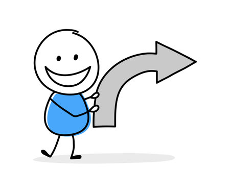 Hand drawn arrow symbol. Funny concept with a stickman holding icon. Cartoon style design. Vector illustrationのイラスト素材