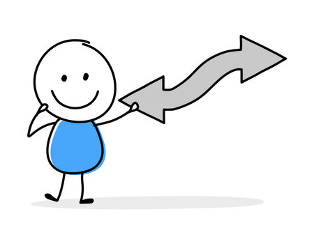 Hand drawn arrow symbol. Funny concept with a stickman holding icon. Cartoon style design. Vector illustrationのイラスト素材