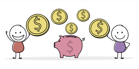 Money saving concept with stickman and piggybank. Vectorのイラスト素材