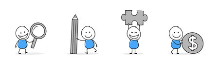 Hand drawn stickman holding magnify glass, pencil, puzzle, money symbol. Cartoon style icon set. Vector illustrationのイラスト素材