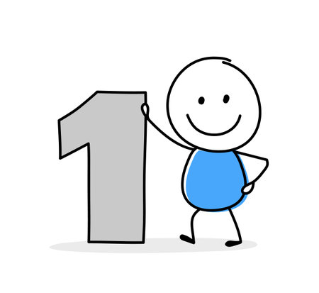 Funny concept with a stickman holding a number one icon. Cartoon style design for a business presentation. Vector illustrationのイラスト素材