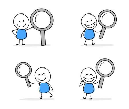 Collection of a funny stickman holding magnify glass icon. Hand drawn design for a business presentation. Vector illustrationのイラスト素材