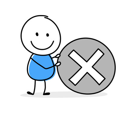 Hand drawn cross mark symbol. Funny concept with a stickman holding icon. Cartoon style design. Vector illustrationのイラスト素材